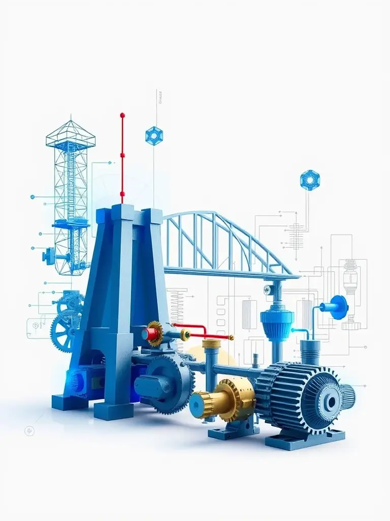 A composite image showcasing various engineering design projects, including structural models, mechanical components, and electrical schematics, representing a holistic approach to engineering design.